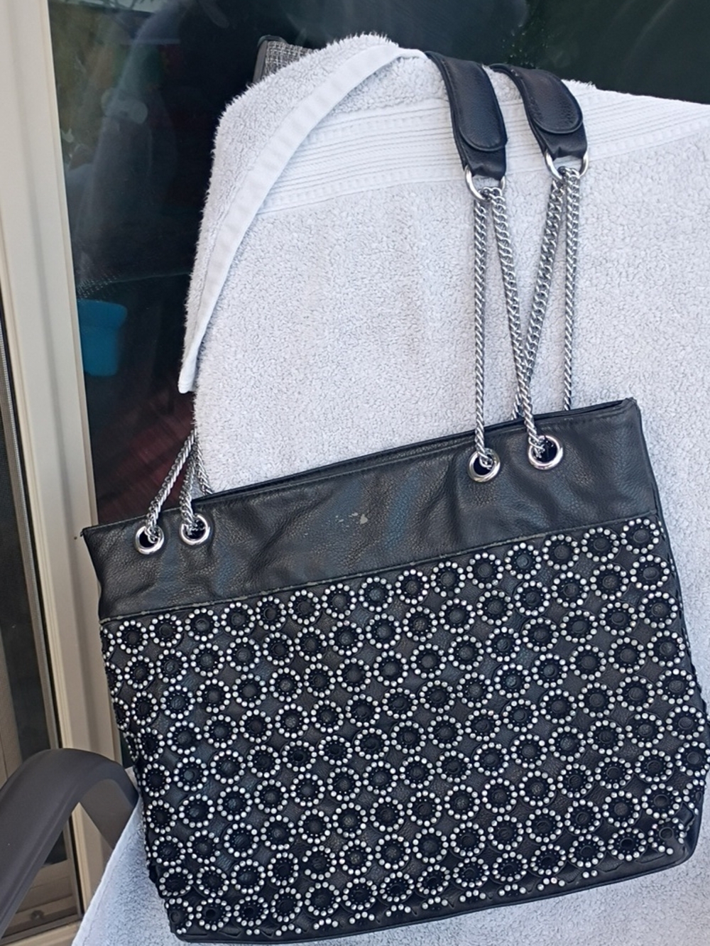Black Studded Circle-Pattern Chain Tote